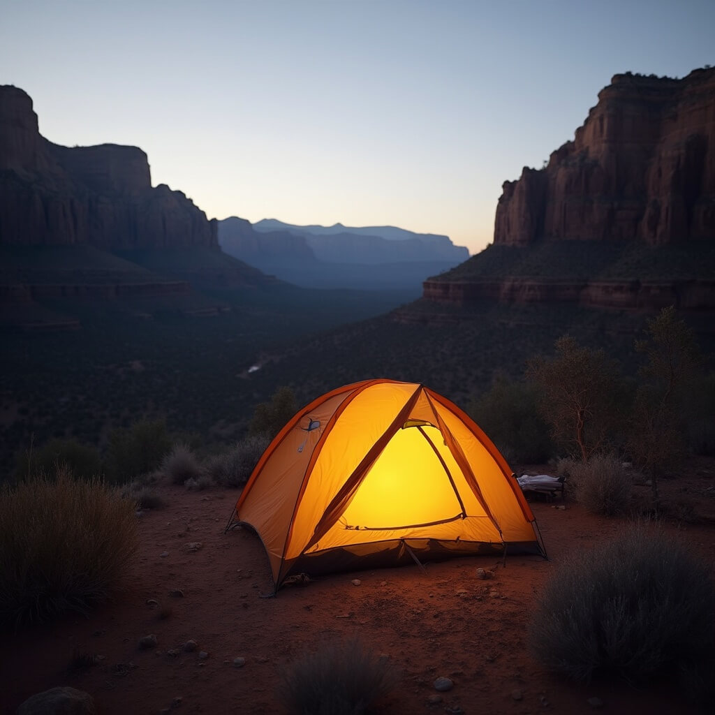 Backcountry campsite at dawn with high-quality tent among desert vegetation, canyon walls in background, and long shadows across rugged terrain