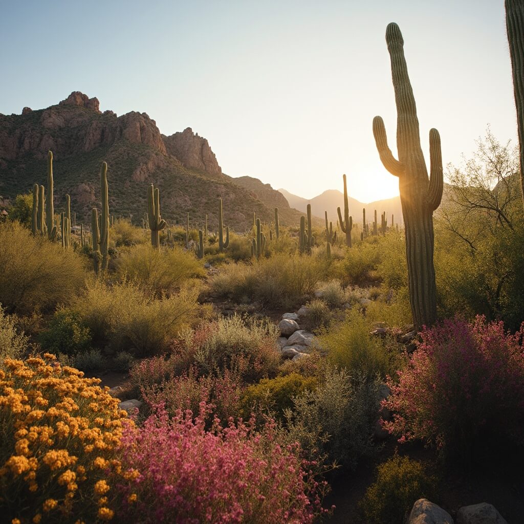 Golden hour at Desert Botanical Garden with cactus formations and vibrant flora, with soft sunlight highlighting natural desert colors and textures
