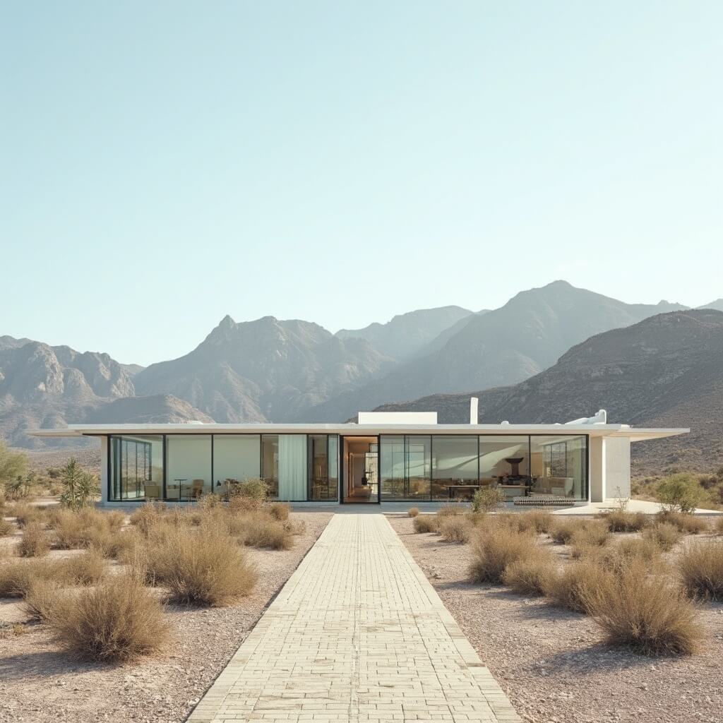 Modernist Albert Frey-designed building situated in a desert landscape, featuring geometric lines and glass walls reflecting mountains, highlighting architecture's blend with nature.