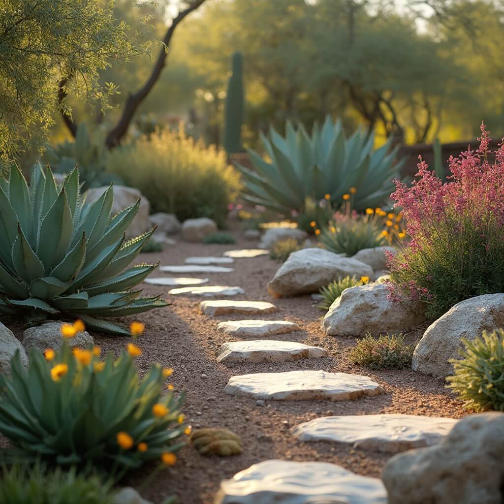 Close-up of a desert xeriscape garden with agave plants, desert wildflowers, river rocks and a drip irrigation system in morning light