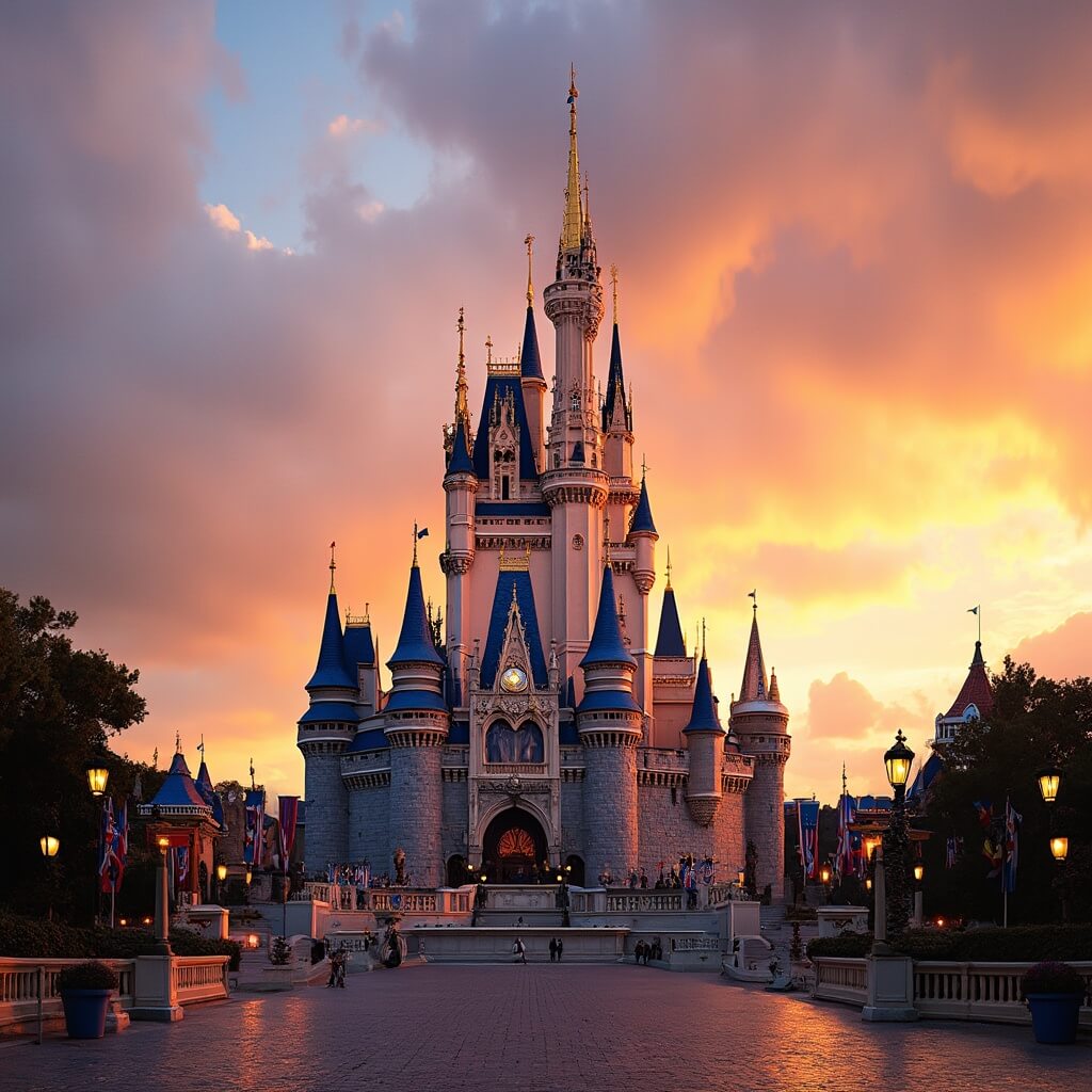 Cinderella's Castle at Walt Disney World Resort illuminated by a golden sunset, highlighting its architectural details under a vibrant Florida sky, no people in sight