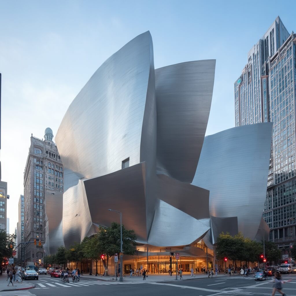 Architectural detail of Walt Disney Concert Hall's unique metallic curved surfaces and geometric design against a clear sky in Downtown LA