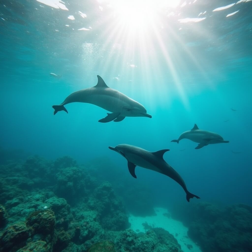 Bottlenose dolphins swimming gracefully in clear turquoise waters with sun rays penetrating the surface and visible natural reef in the background