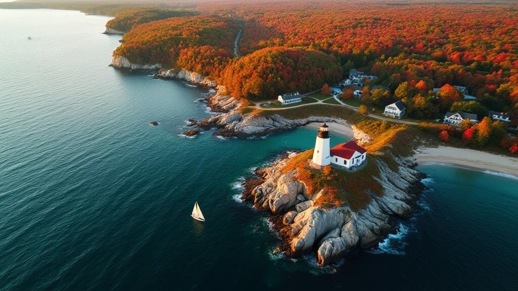 "Aerial view of Door County's peninsula in autumn with its colorful forests, limestone cliffs, historic lighthouse, sailboats on the blue waters of Green Bay and Lake Michigan and coastal towns under golden twilight."