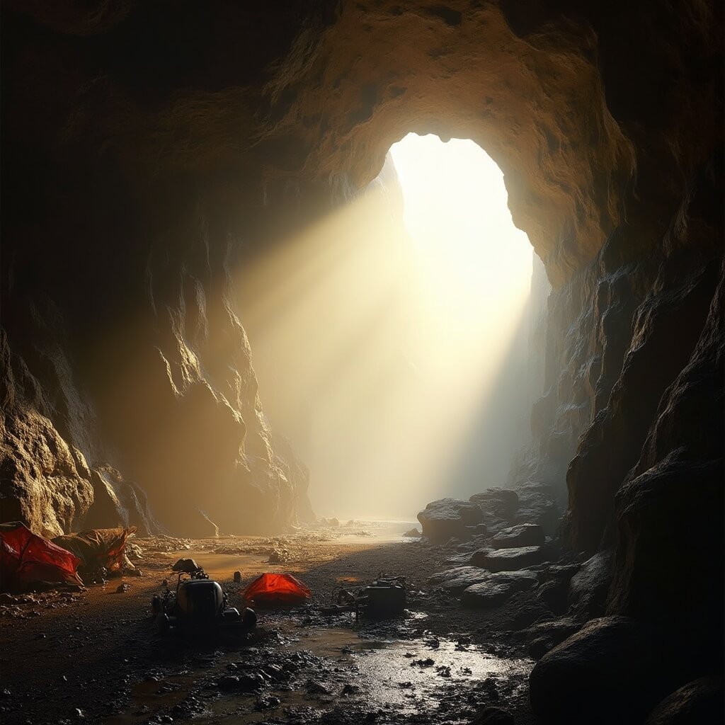 Dramatic cave entrance at dawn with massive limestone formations, morning mist, and arranged professional caving equipment