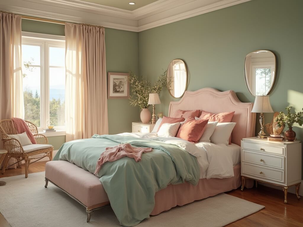 "Elegant sage green and blush pink bedroom interior with morning light through silk curtains, king-size bed with velvet headboard and brass-framed mirrors"