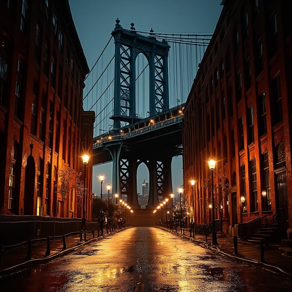 DUMBO neighborhood at night with rain-wet cobblestones, vintage streetlights, Manhattan Bridge and Empire State Building