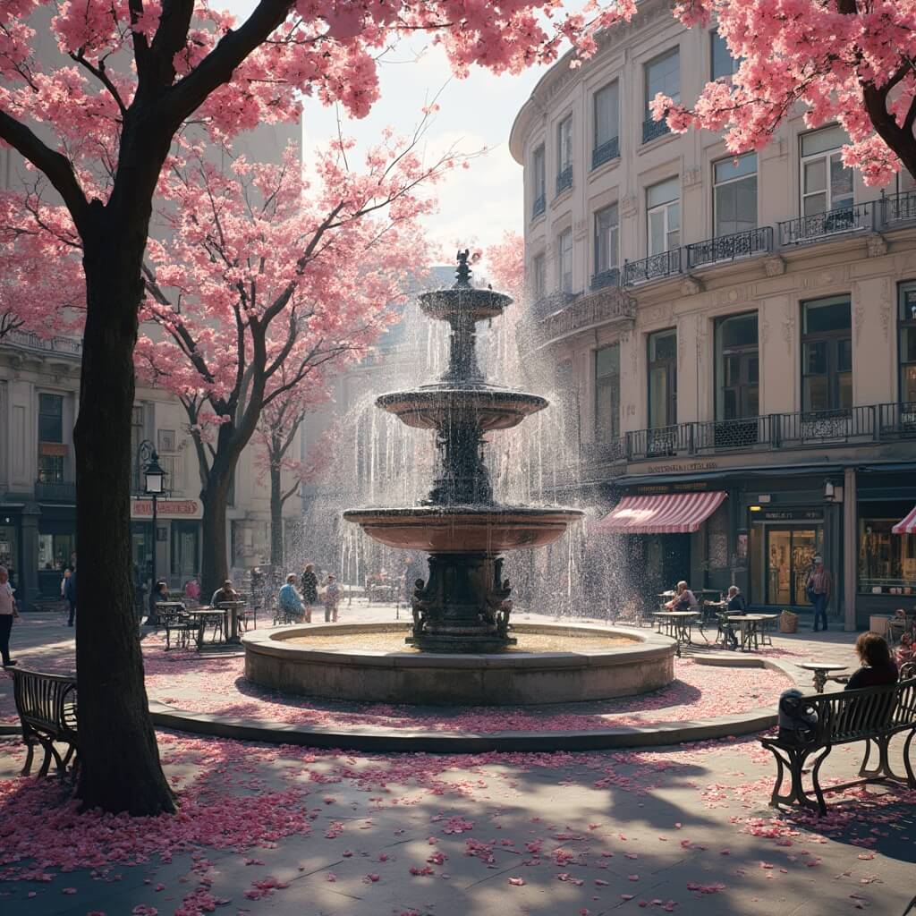 Dupont Circle's central fountain on a vibrant spring morning, ornamented with floating cherry blossom petals, local professionals, artists on benches, illuminated Beaux-Arts architecture, and background sidewalk café tables.
