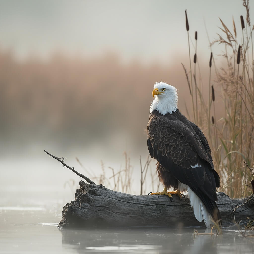 Bald eagle perched on driftwood near calm waters at Union Bay Natural Area in morning light with mist and wetland plants in the background