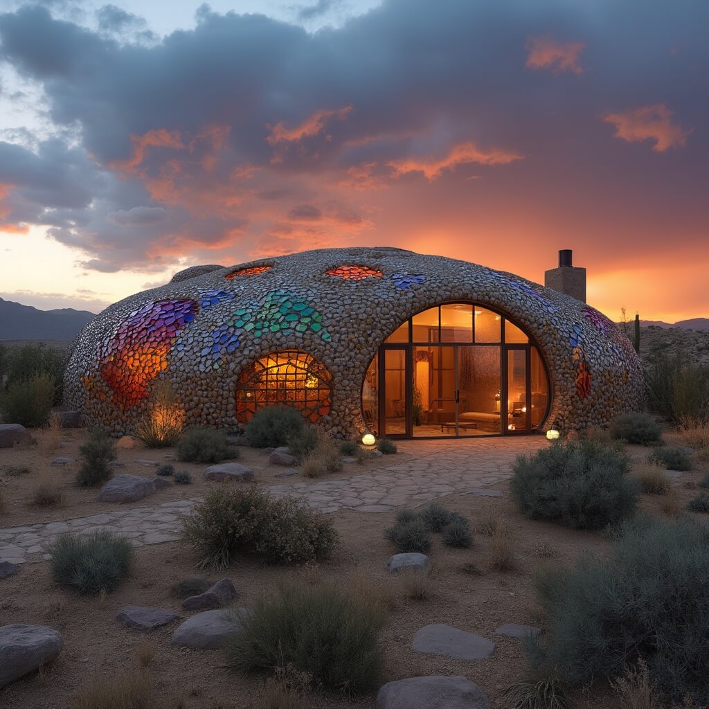 Modern Earthship home at sunset with curved walls and glass bottle details, large reflective windows, native plants, and storm clouds over distant mountains