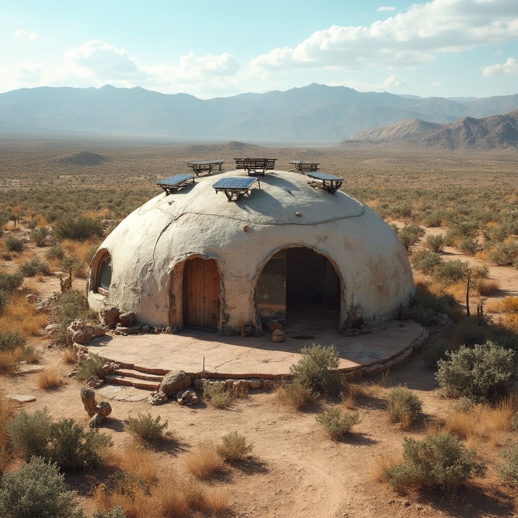 Earthship home constructed from recycled materials with solar panels, nestled in the arid Taos desert with mountains in the background