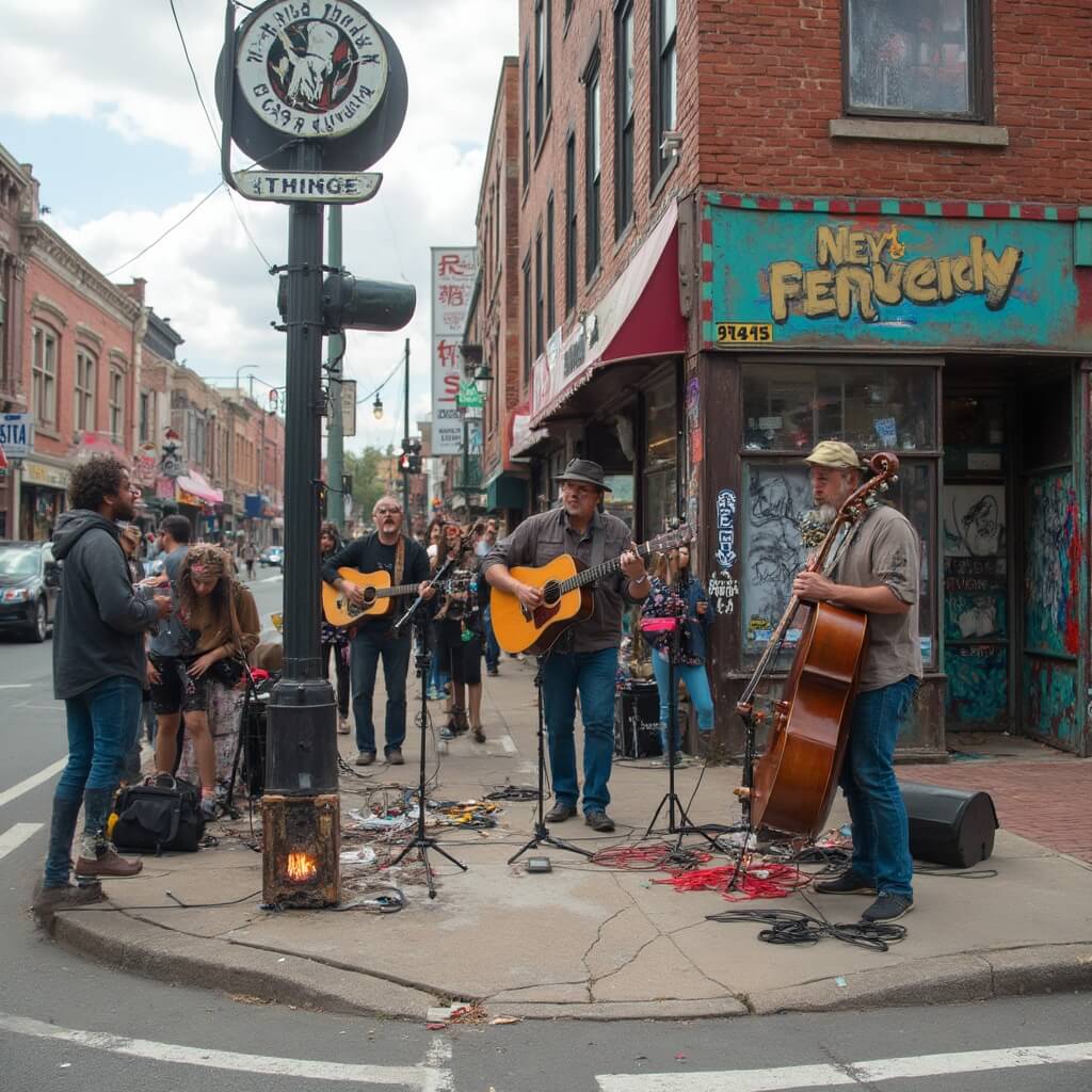 Local musicians performing an impromptu acoustic set on a street corner in East Nashville surrounded by street art, vintage buildings, and a diverse crowd