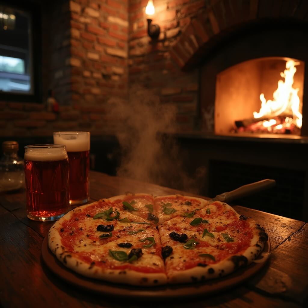 Cozy corner restaurant in East Rock with exposed brick walls, a glowing wood-fired pizza oven, a steaming artisanal pizza on a rustic table and craft beer glasses under ambient light.