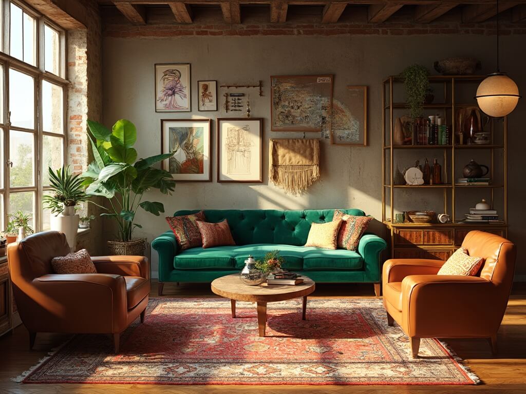 "Eclectic living room filled with sunlight featuring emerald velvet sofa, Persian and Moroccan rugs, industrial steel windows and global artifacts on brass étagère, in a cinematic high-end interior photography."
