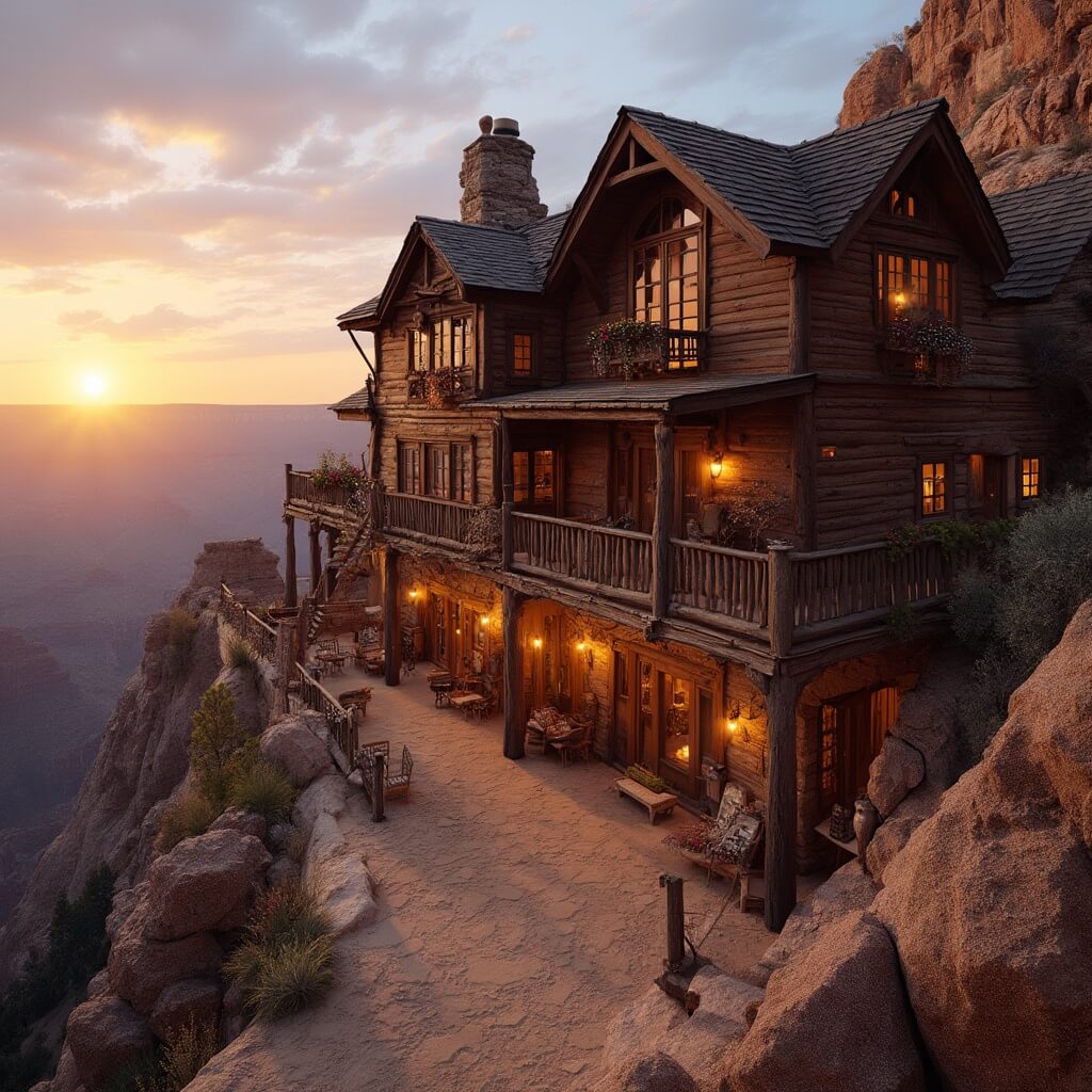 Sunset view of historic El Tovar Hotel's rustic wooden architecture on the South Rim, illuminated by golden light with a vast canyon backdrop