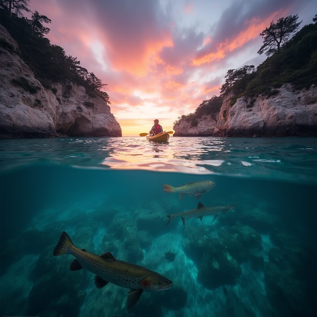 Kayaker paddling in Emerald Bay at twilight, with surrounding cliffs in sunset hues, trout visible under clear waters and Fannette Island in the background