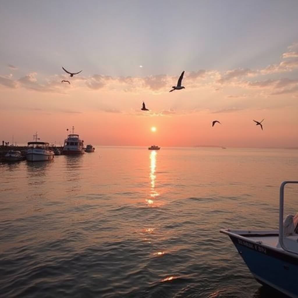 Sunrise over Lake Erie with soft orange and pink hues reflecting on water, silhouettes of boats and flying seagulls from Jackson Street Pier