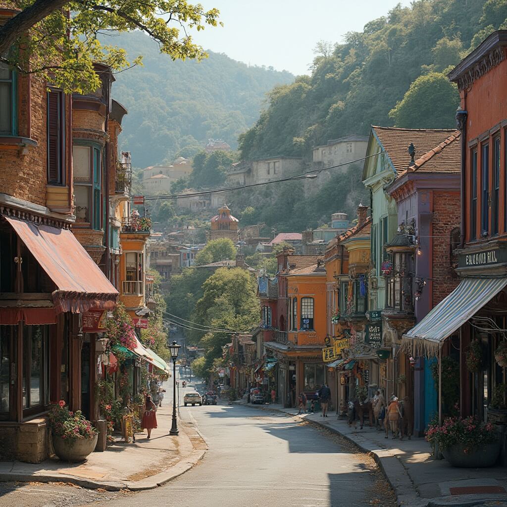 Early morning in downtown Eureka Springs showcasing steep, winding Victorian streets and colorful buildings nestled on hillsides
