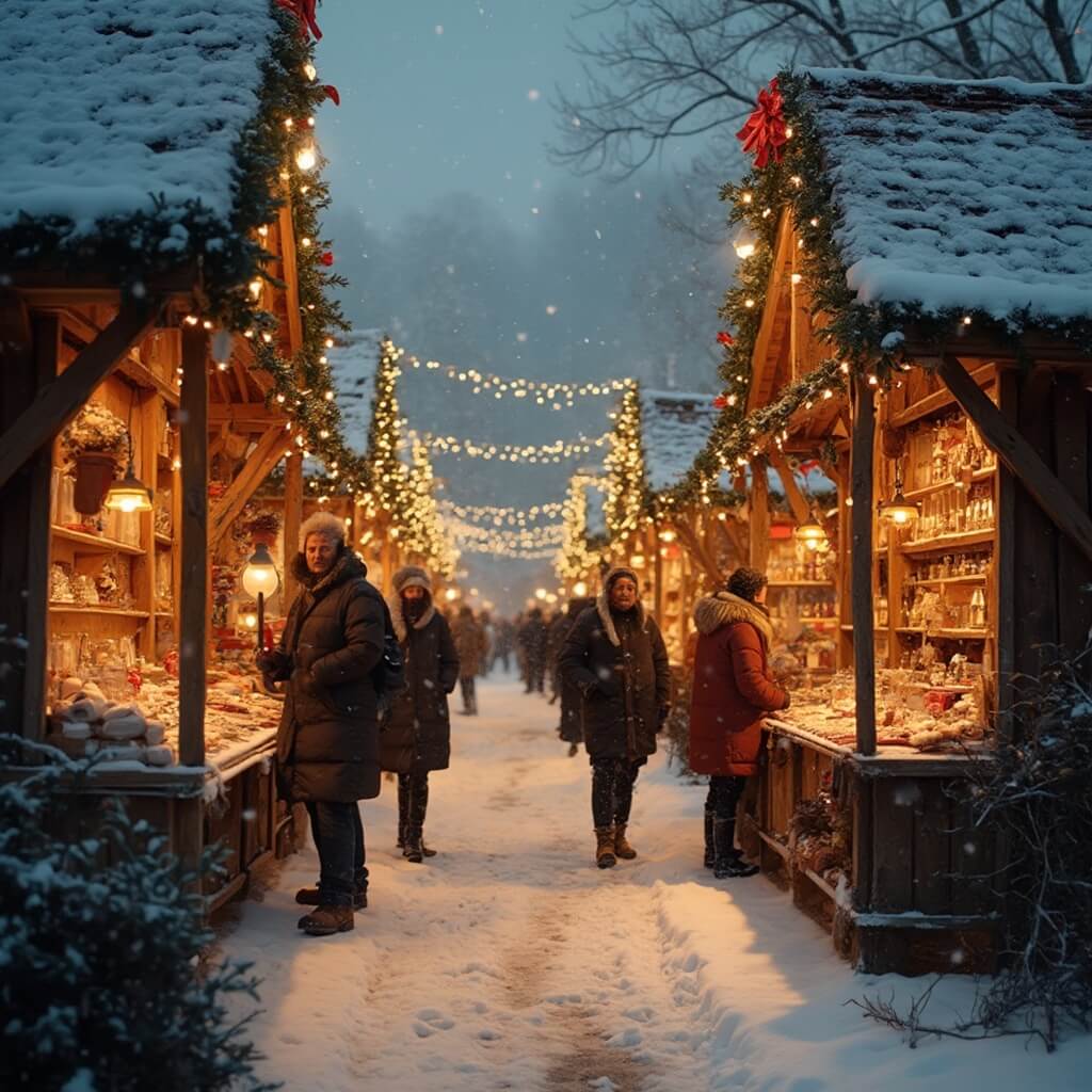 European-style Christmas market with decorated stalls, shoppers browsing handcrafted goods and snow dusted ground in winter twilight.