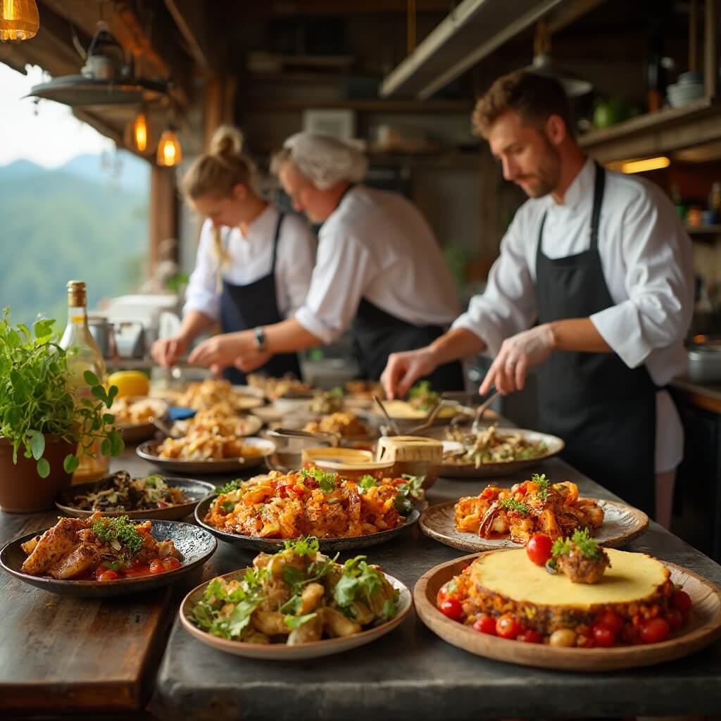 Chefs in a farm-to-table restaurant kitchen plating colorful, locally sourced mountain ingredients with warm lighting and glimpses of fresh produce from nearby farms