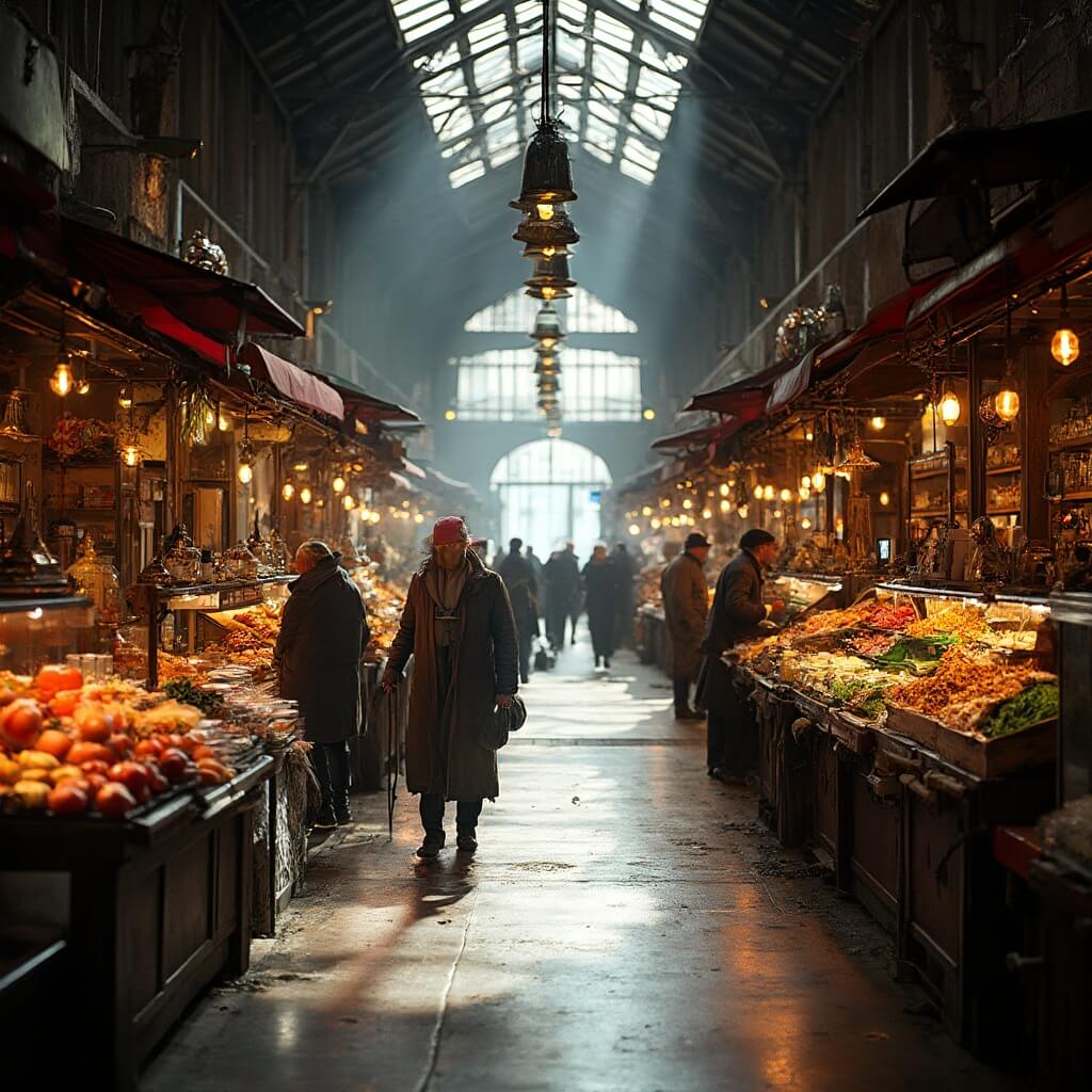 Interior of Ferry Building Marketplace during peak hours with artisan food stalls, fresh produce, cheeses, handcrafted goods, and natural light from clerestory windows