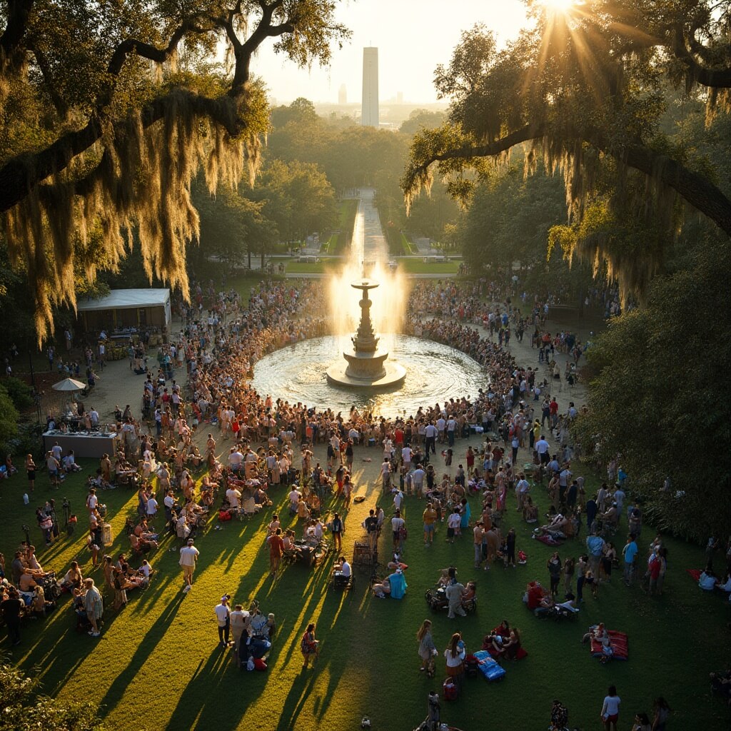 Aerial view of Forsyth Park during a festival with people enjoying live music, the iconic fountain in the background, and Spanish moss-draped oak trees, shot during golden hour