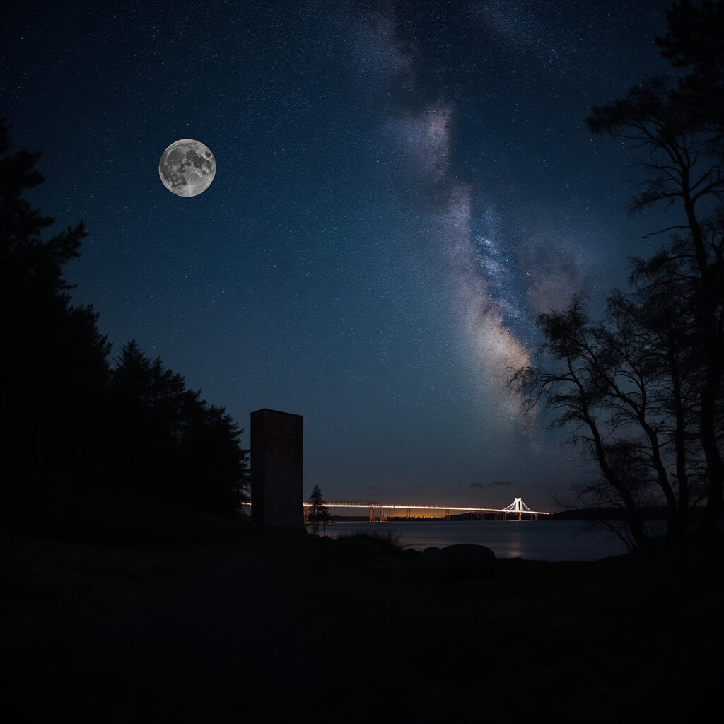 Moonlit silhouette of Fort Holmes with Milky Way stretching across the sky, framed by forest and distant lights of Mackinac Bridge