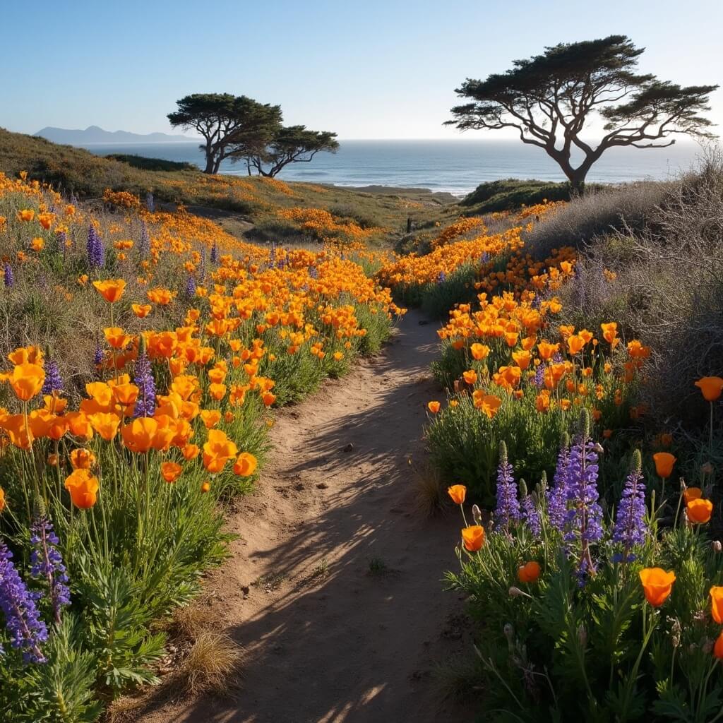 Spring wildflower season at Fort Ord National Monument with a trail amidst California poppies and lupines, early morning shadows and distant view of Pacific Ocean