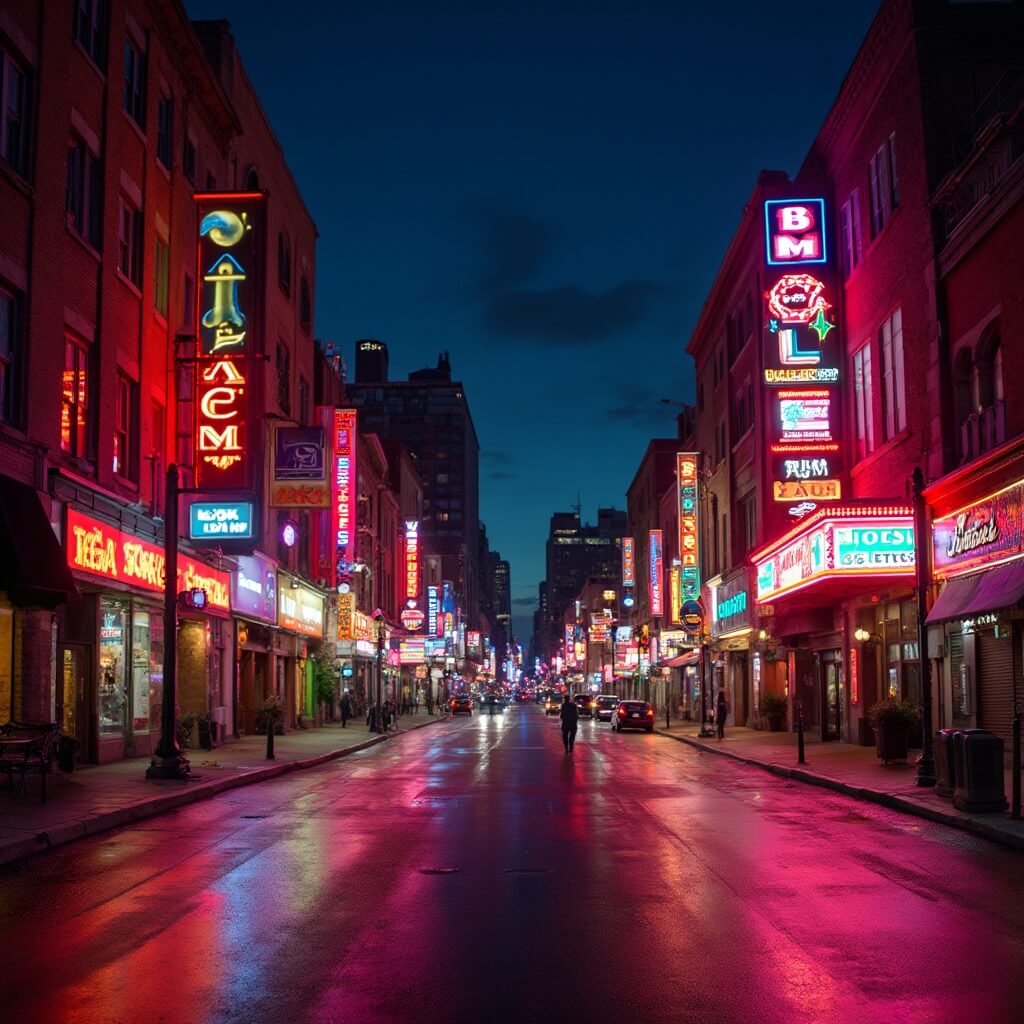 Nighttime view of the Fourth Street Live! entertainment district illuminated by colorful neon lights, live music venue signs and empty streets with an ambient urban atmosphere hinting at recent human activity.