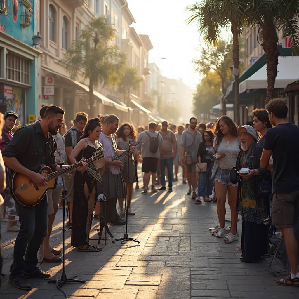Street musicians performing on vibrant Fourth Street with colorful murals, diverse crowd and warm afternoon sunlight casting long shadows