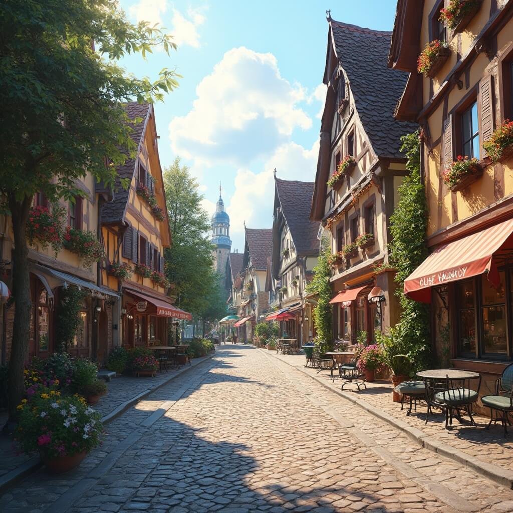 Bavarian-style downtown street in Frankenmuth, Michigan with colorful half-timbered buildings, flower boxes, and ornate architectural details on a sunny summer day