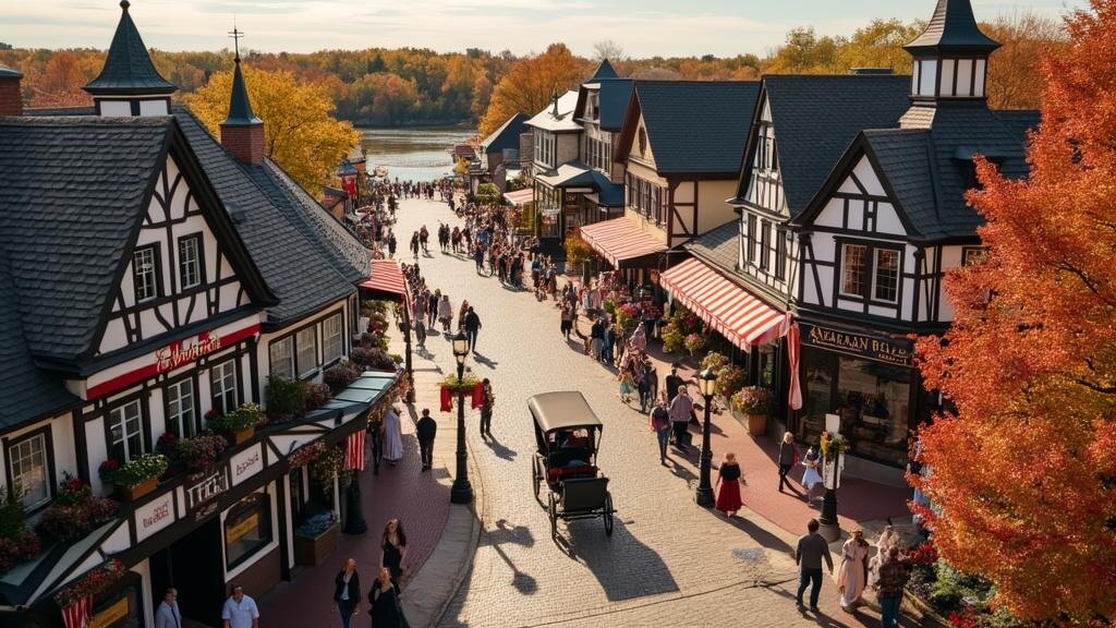 "Aerial view of Frankenmuth's Bavarian-style Main Street, featuring horse-drawn carriages, German flags, colorful autumn foliage, and iconic landmarks like Zehnder's and the Bavarian Inn."