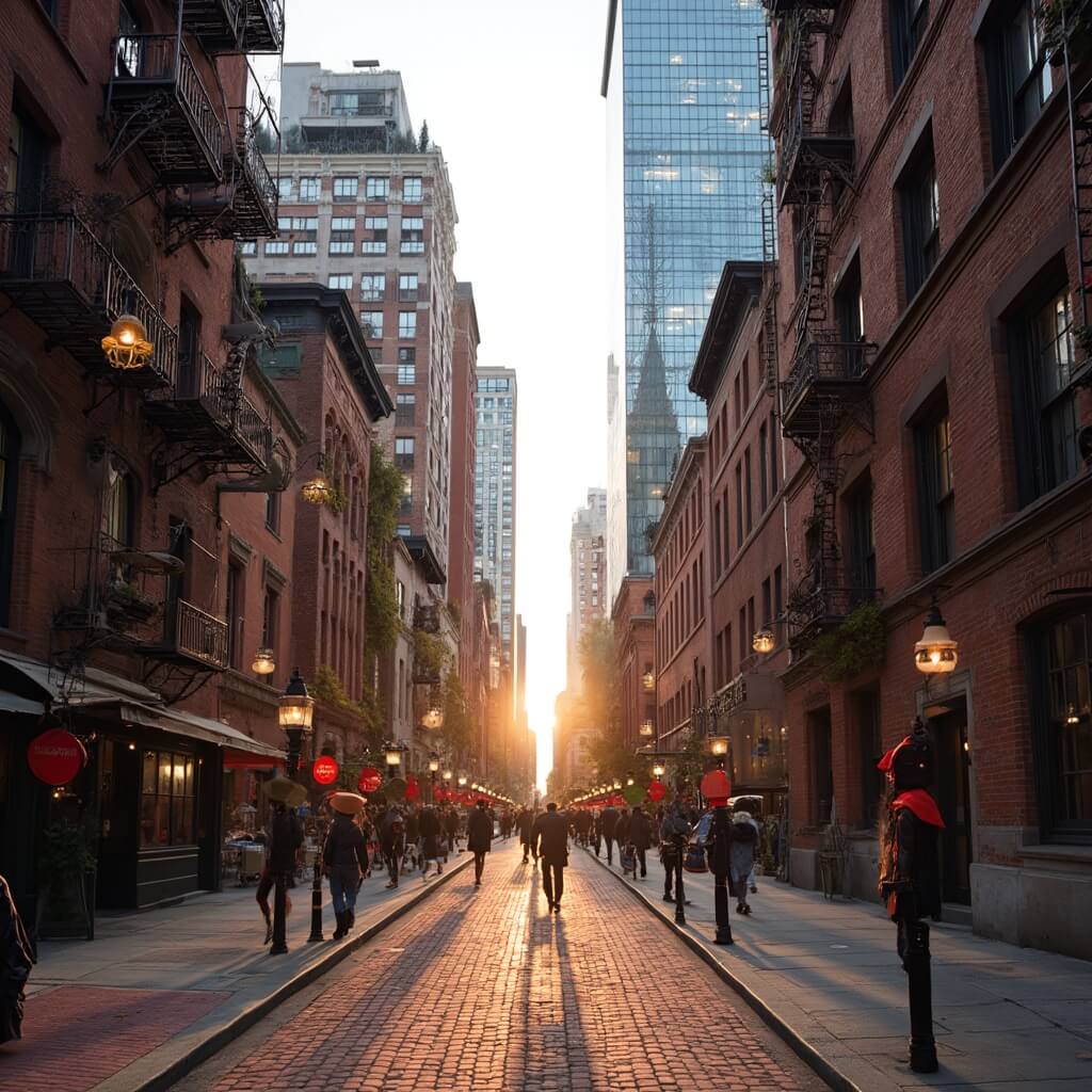 Boston's Freedom Trail at golden hour with red brick path, historic buildings and modern skyscrapers, bustling with pedestrian activity
