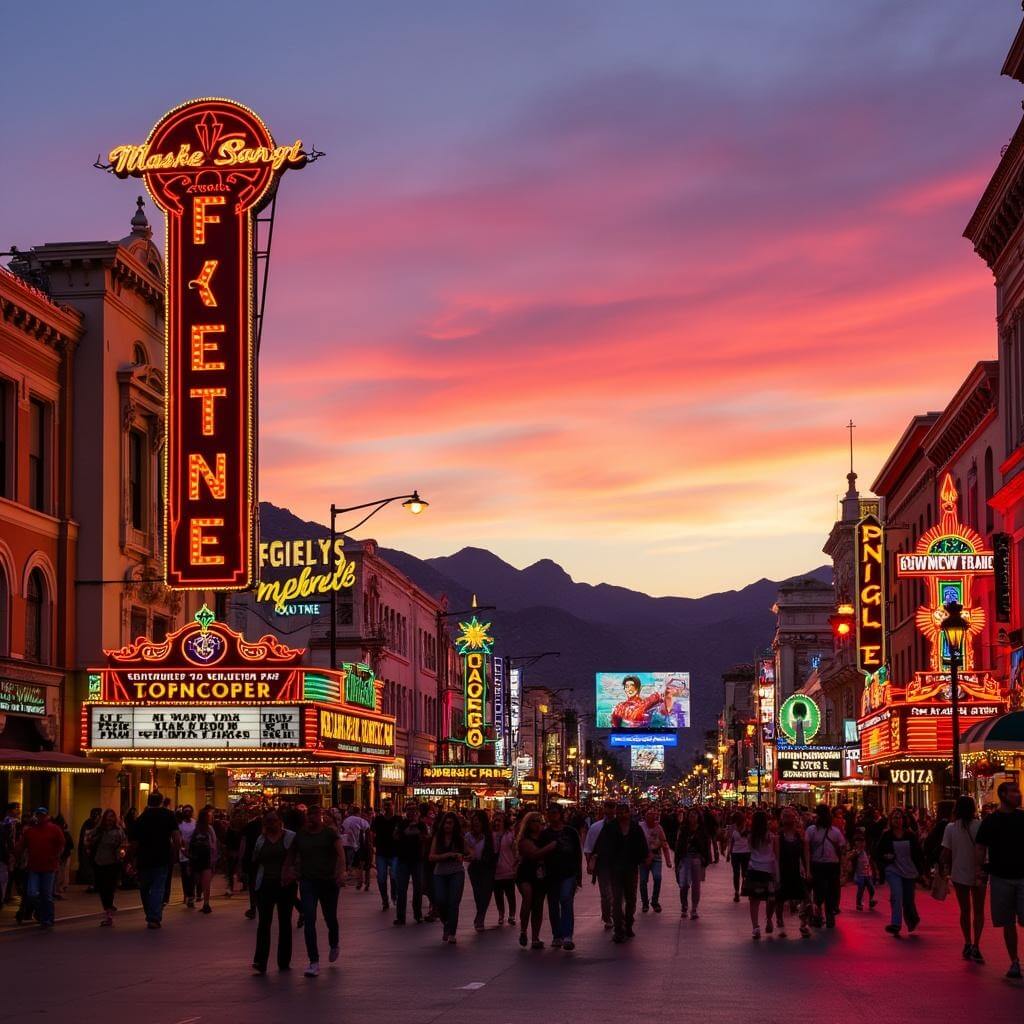 Downtown Fremont Street Experience at sunset with LED canopy, neon-lit casinos, street performers, visitors, and desert mountains in the background