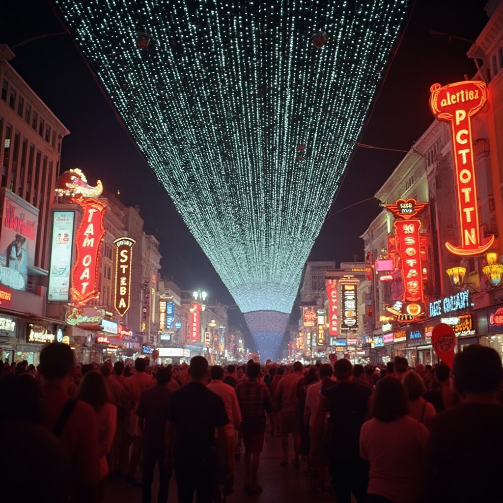 Nighttime view of vibrant Fremont Street with street performers, LED canopy, vintage neon signs, and bustling crowd