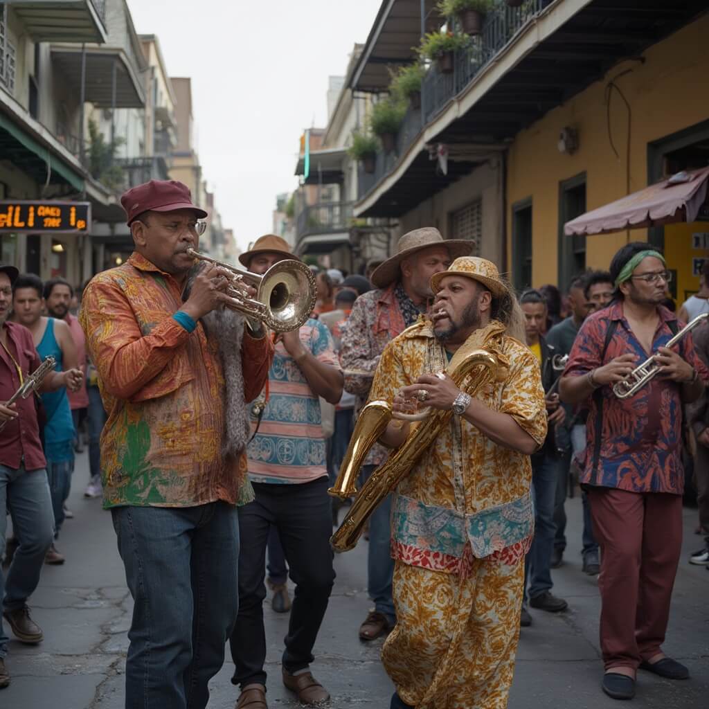 Brass band performing on Frenchmen Street, New Orleans with musicians in vibrant attire, gleaming instruments, and rich local architecture in the background
