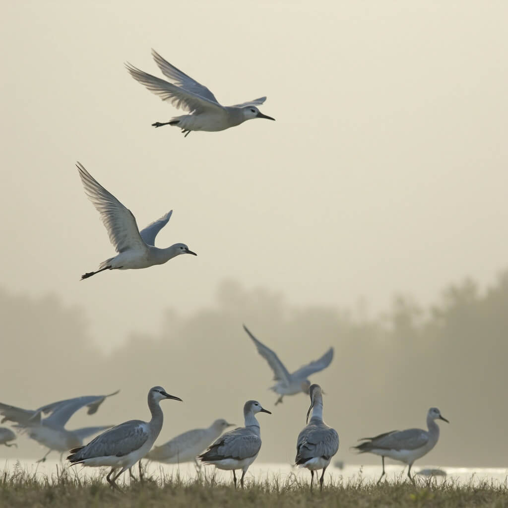 Migratory birds in various poses of flight and perching in Galveston salt marshes, captured in soft early morning light with misty wetlands background