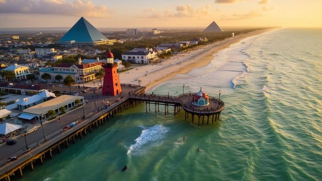 "Aerial view of Galveston's Pleasure Pier at sunset with The Strand Victorian architecture, red and white lighthouse, beachgoers, a dolphin near the pier, and Moody Gardens glass pyramids in the background"