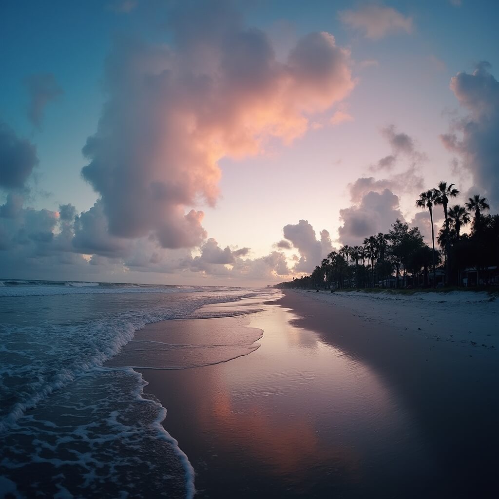 Dusk at Galveston Seawall with silhouette palm trees, gentle waves, and reflecting clouds in tide pools