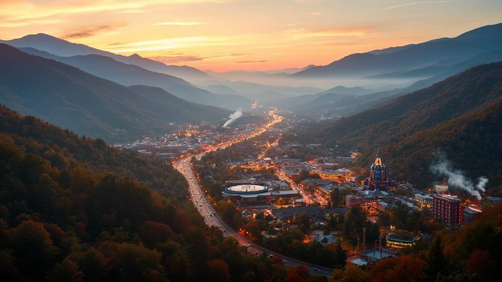"Aerial view of Gatlinburg and Pigeon Forge in Great Smoky Mountains at sunset, showing downtown lights, Ferris wheel and Dollywood in distance, with autumn colors and misty peaks"
