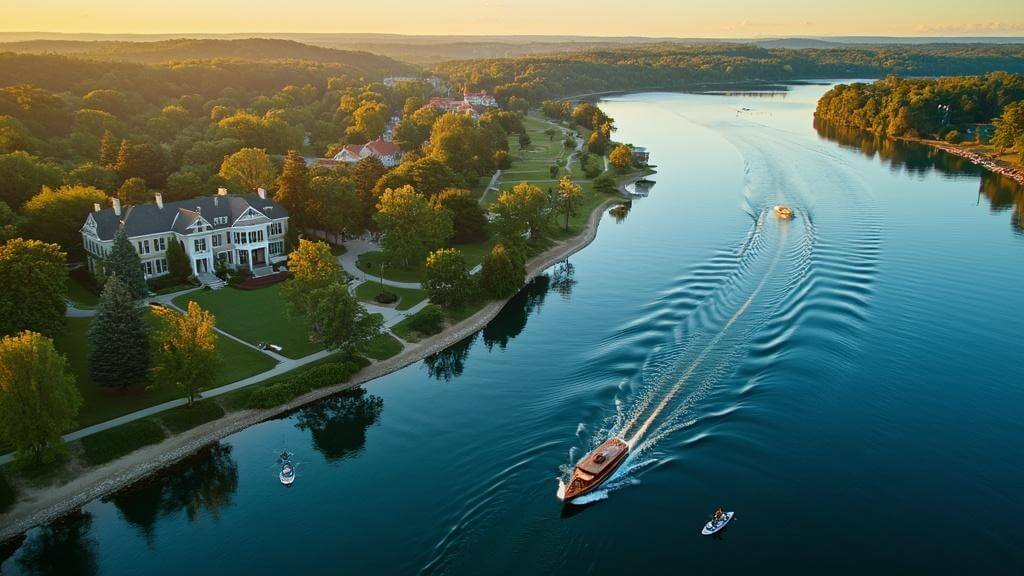 "Aerial drone shot of Lake Geneva, Wisconsin at sunset highlighting blue waters, the 21-mile shoreline path, historic mansions, wooden boat, kayakers, paddleboarders, beaches, trails, and downtown area."