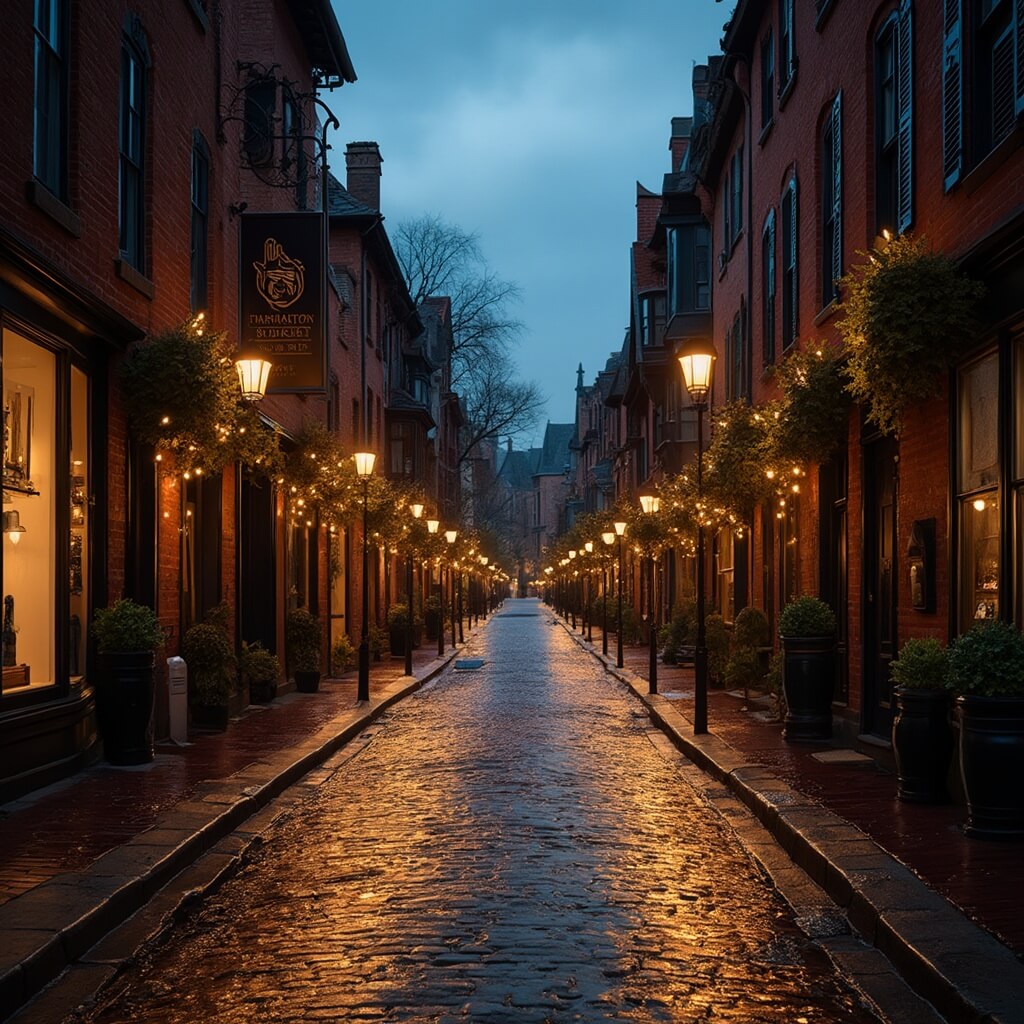 Dusk in Georgetown's Historic District with rain-reflecting cobblestone streets, 18th-century red brick townhouses with black shutters, gas lanterns, and modern boutique shop windows.