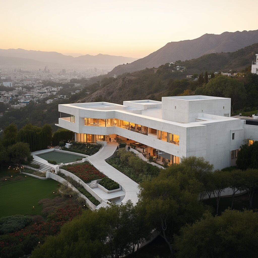 The Getty Center's modernist white buildings in golden light, with lush gardens, LA cityscape, and distant Santa Monica mountains