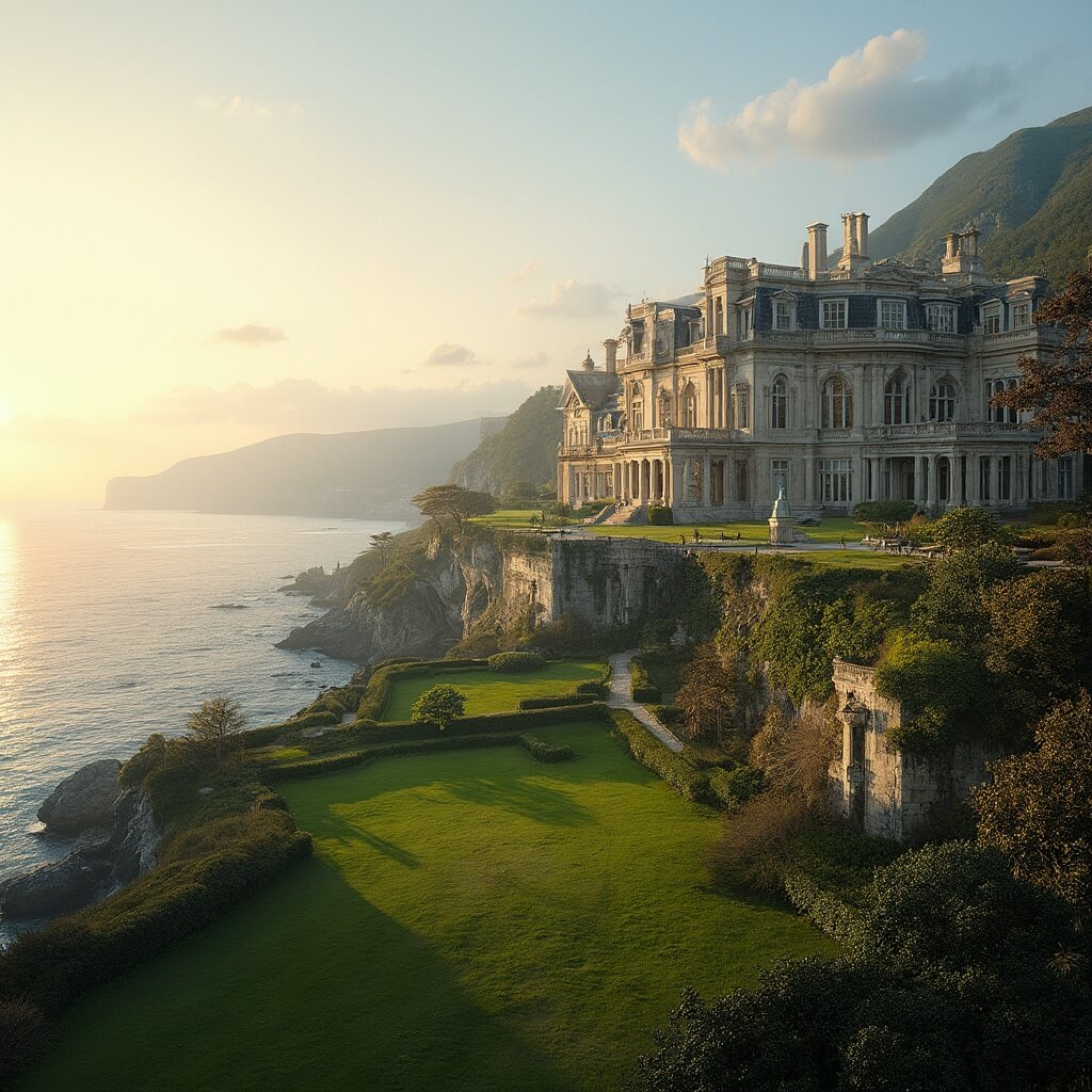 Gilded Age marble mansion on a cliff with lawns overlooking the Atlantic Ocean in afternoon sunlight