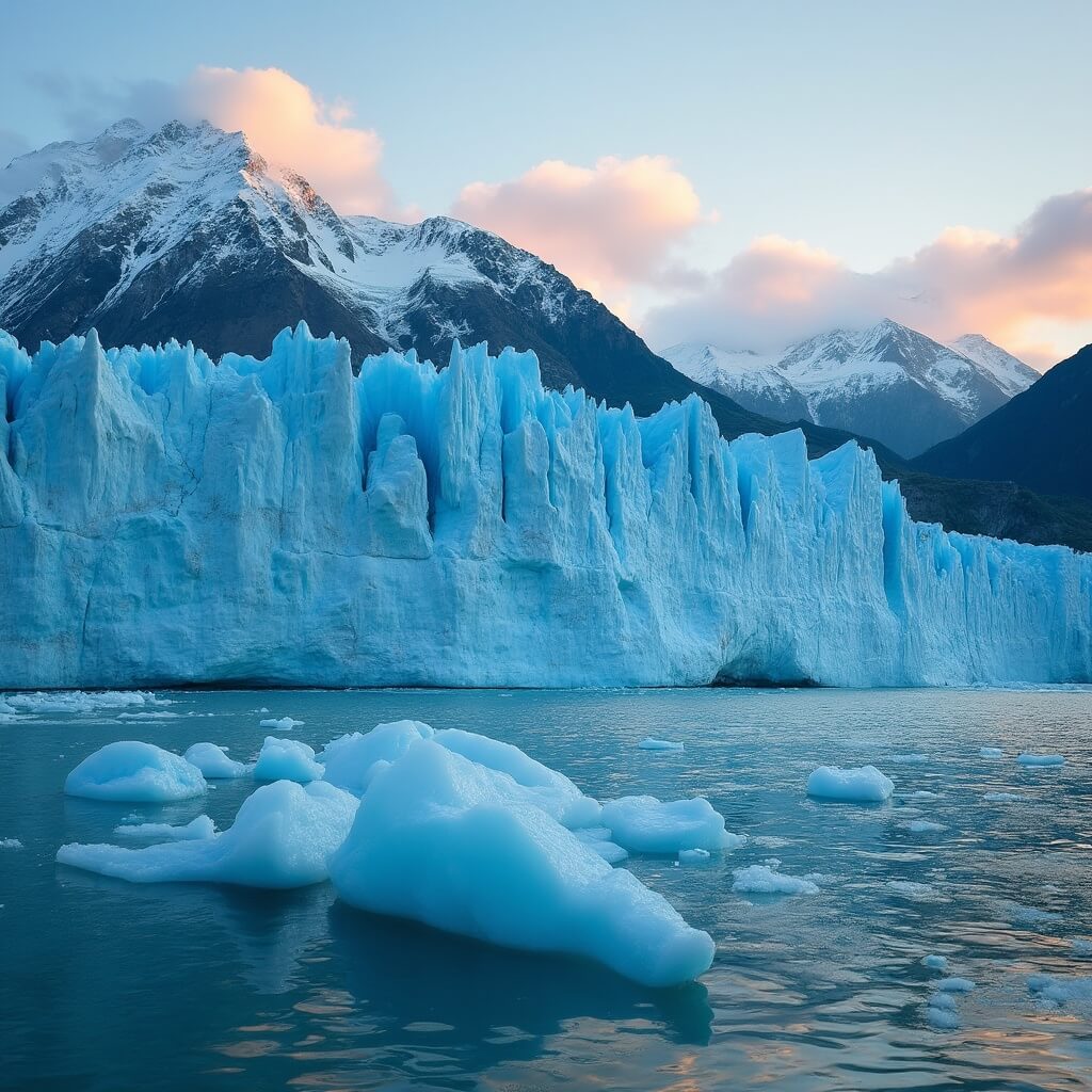 Blue glacier calving into pristine waters during golden hour with snow-capped mountains in the background