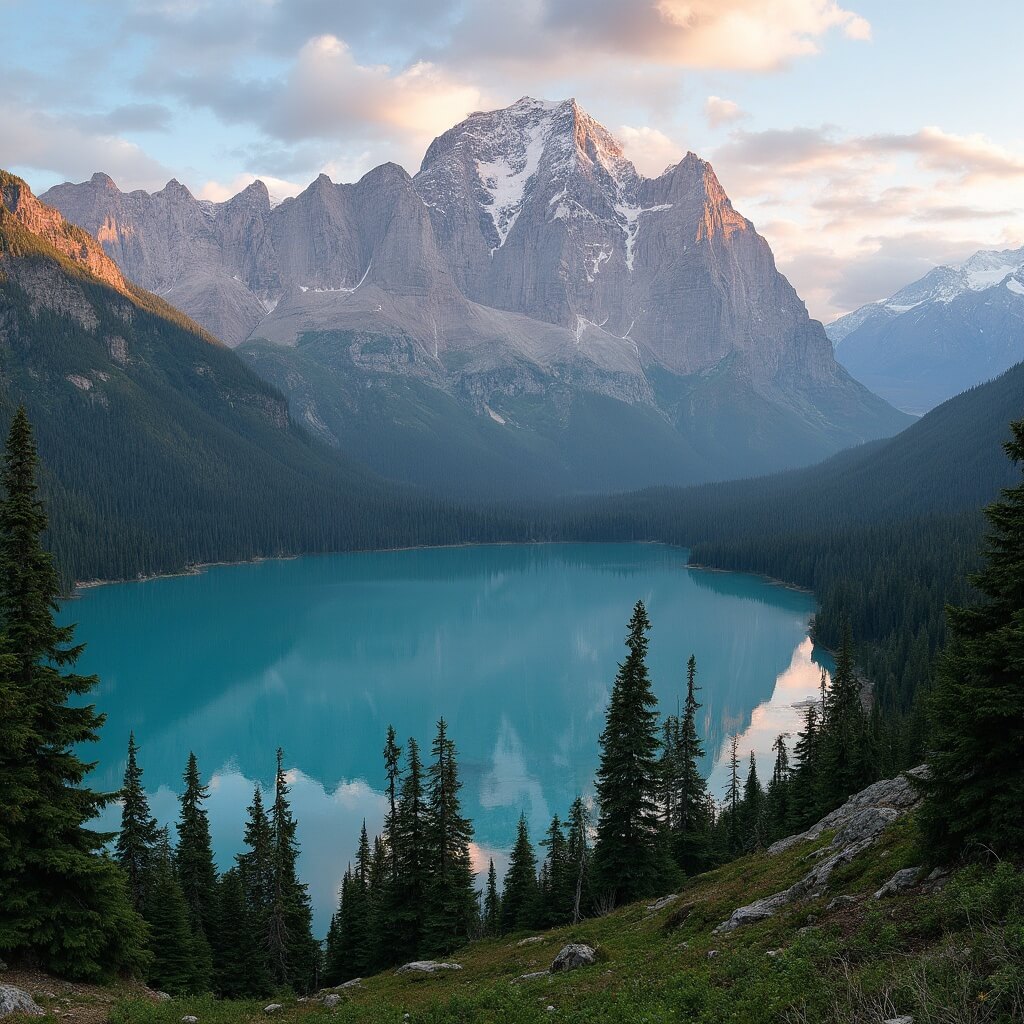 Panoramic view of Glacier National Park with mountains, alpine lakes, forests and golden hour lighting