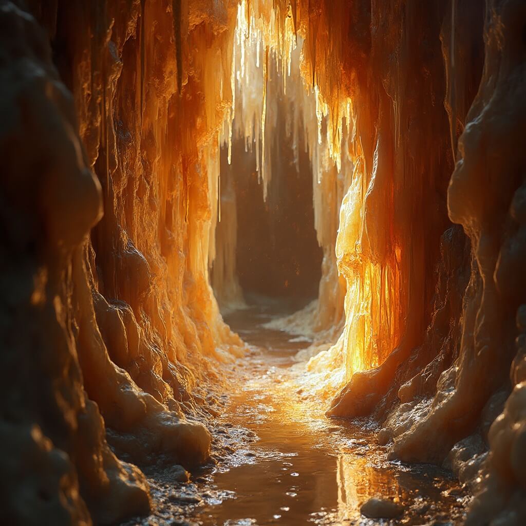 Narrow cave passage featuring colorful calcite formations in shades of rust, cream, and amber, with sparkling water droplets illuminated by an unseen light source