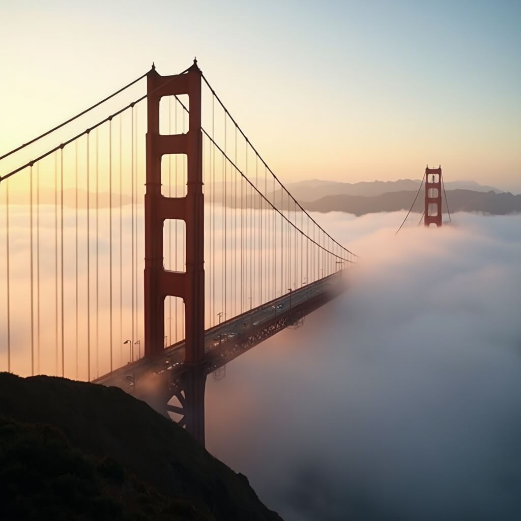 Golden Gate Bridge enveloped in morning fog with sunrise light illuminating its structure and the surrounding San Francisco Bay