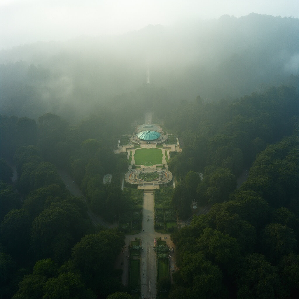 Aerial view of Golden Gate Park on a foggy morning, with dense forest contrasting manicured gardens and the California Academy of Sciences' copper-green dome peaking through the trees