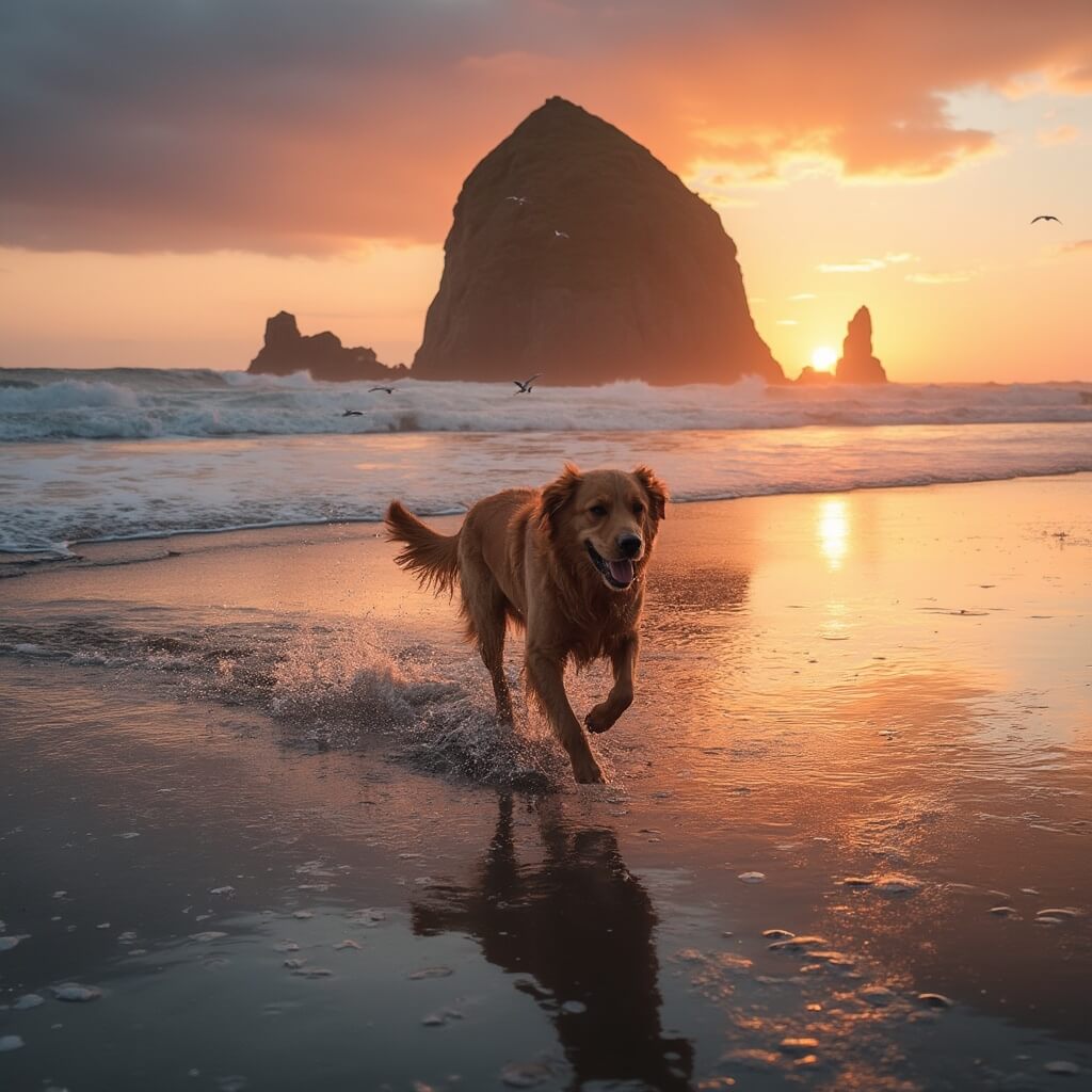 Golden retriever joyfully running on a sunset beach with Haystack Rock silhouette, reflection of orange and purple skies on wet sand, gentle waves, and flying seabirds